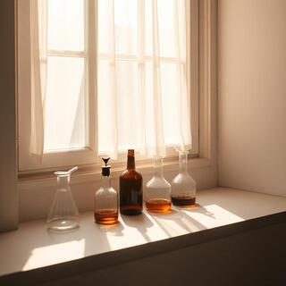 Atelier window with small-batch beakers on a bench