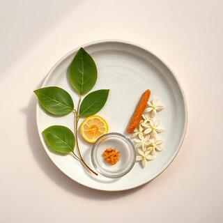 Botanical extracts arranged on a ceramic plate