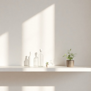 Shelf with bottles and green plants
