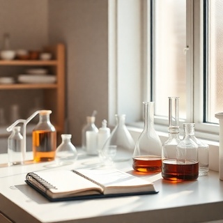 Small-batch bench with beakers and notes