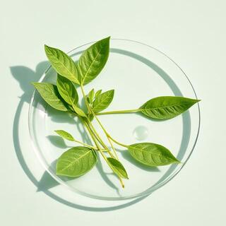 Botanical leaves beside glass plate