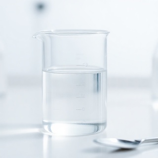 Beaker with clear solution on lab bench