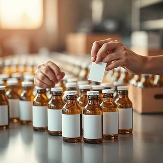 Hands labeling small bottles