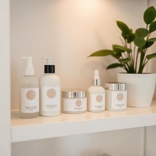 Minimal boutique shelf with Dermalion labels