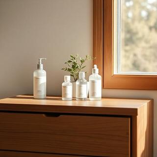 Dresser shelf with amber bottles